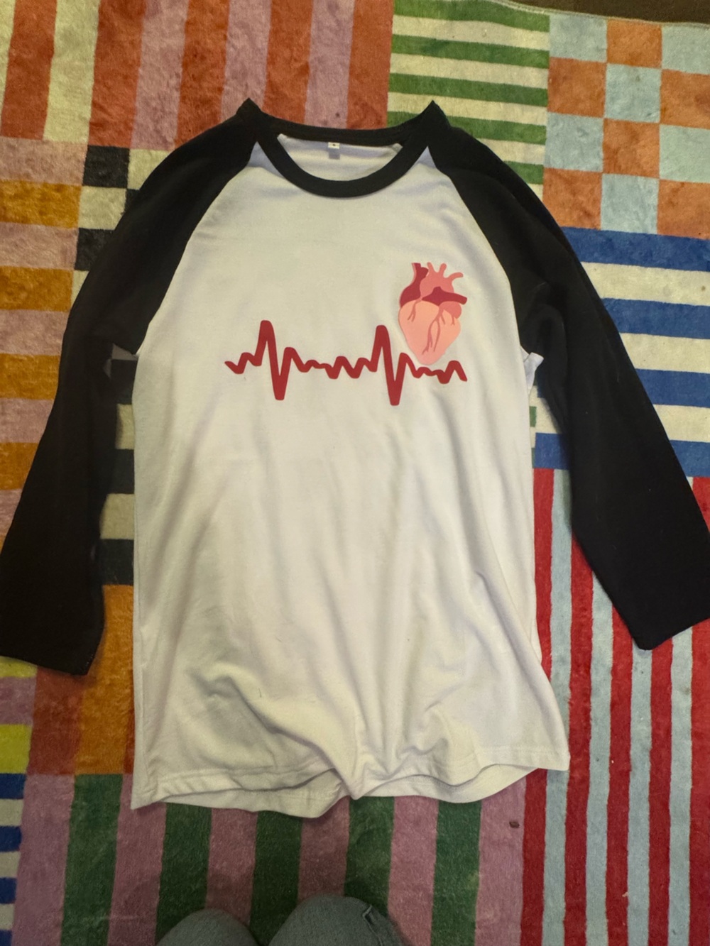 White & Black Raglan Tee with Red Heartbeat Graphic